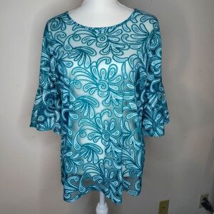 Blouse - Sheer, teal, 3/4 length sleeves. Brand-Notations, Size L